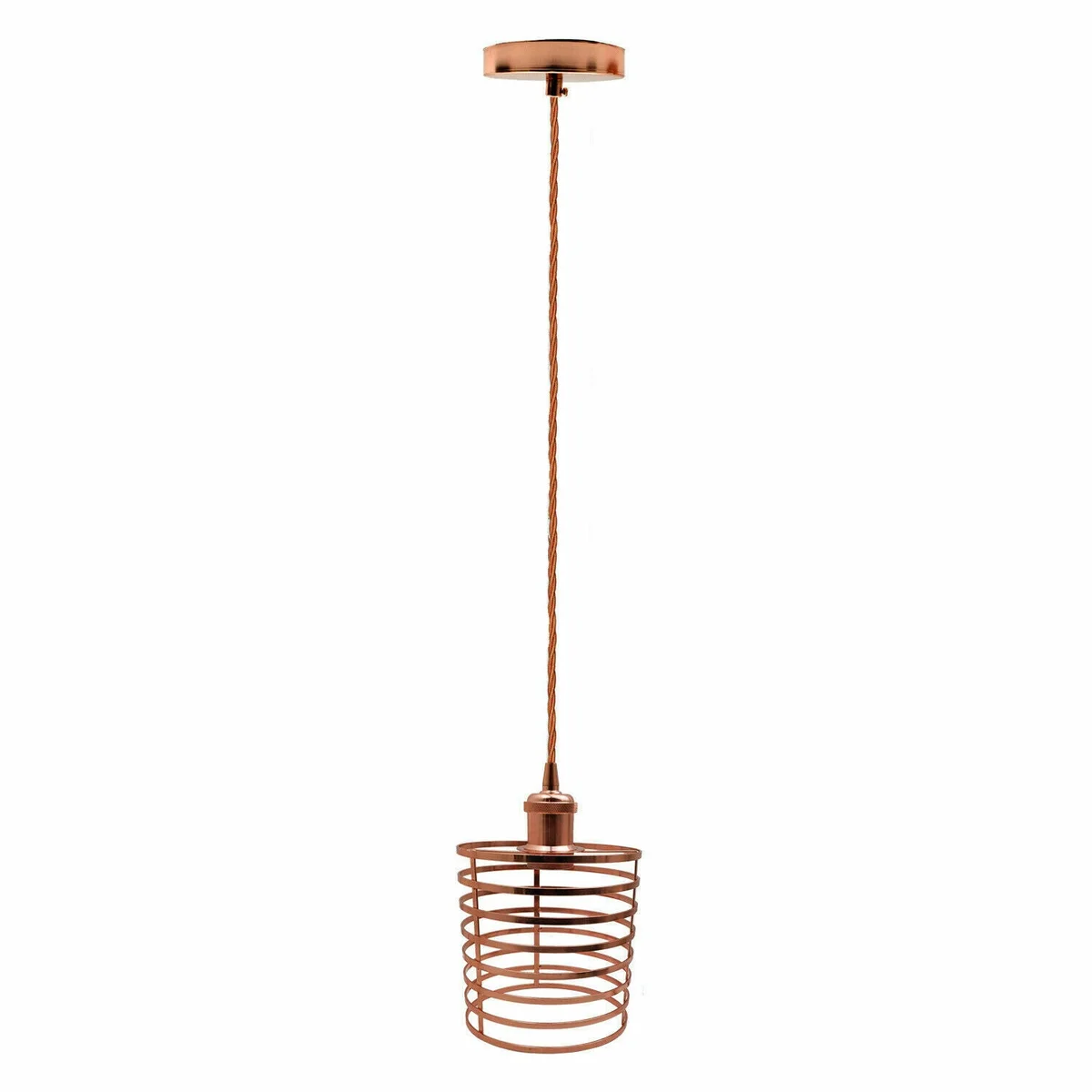 Rose gold dimmable chandelier light with metal and fabric shade, E27 base, hanging from ceiling with 95cm cable