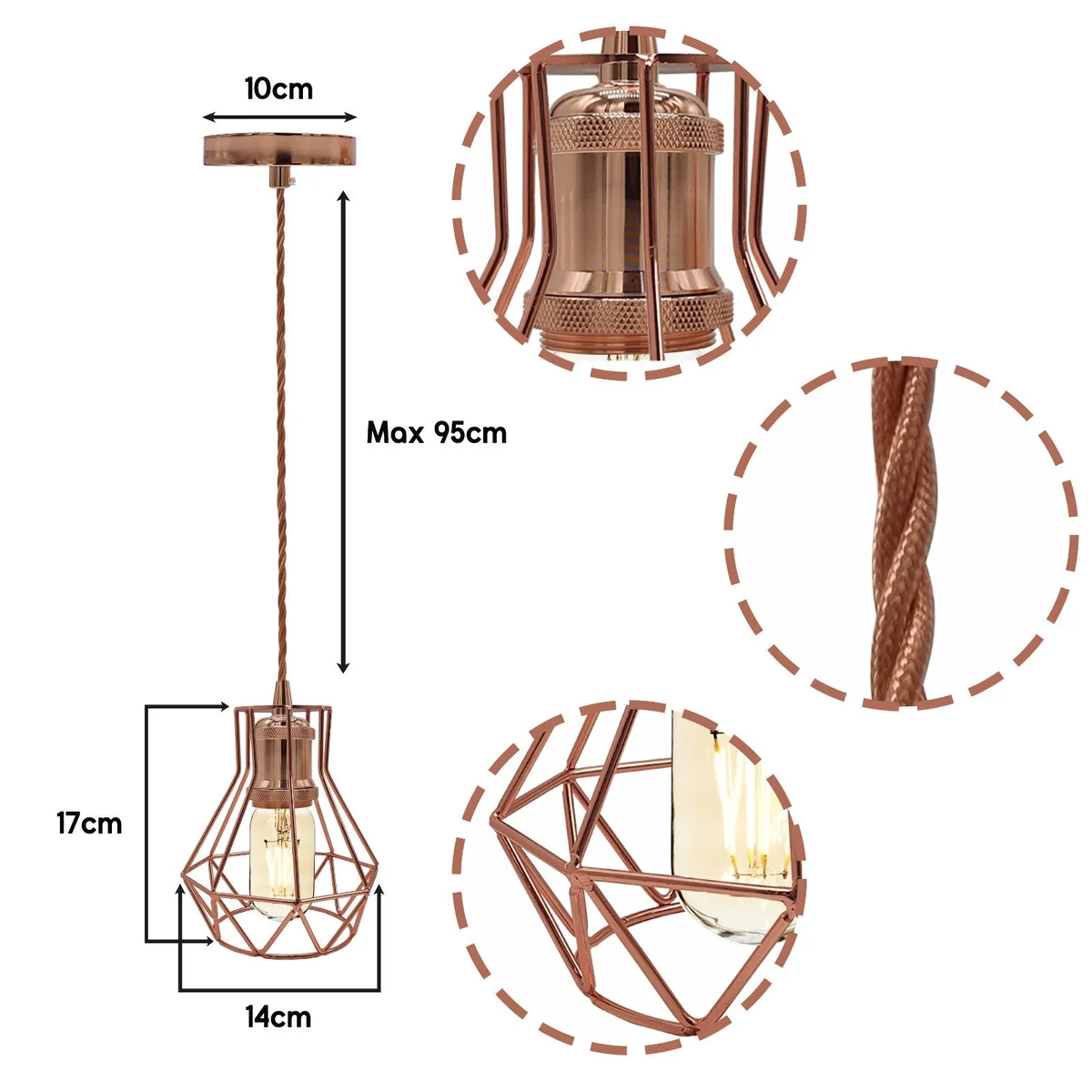 Vintage industrial rose gold E27 lamp holder with polished finish and 1-meter cord for pendant lighting