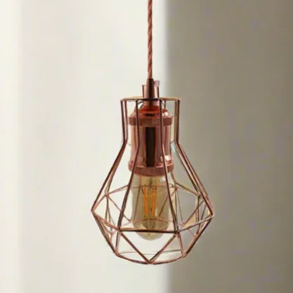 Vintage industrial rose gold pendant lighting with E27 fitting and polished finish, ideal for warm, romantic settings