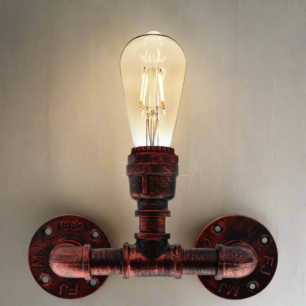 Industrial wall light with black metal water pipe design, two E27 bulb sockets, vintage steampunk style, wall-mounted fixture