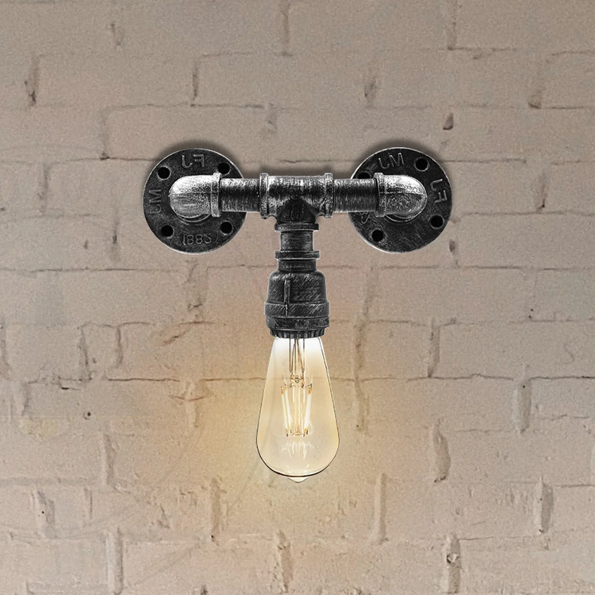 Black and rustic red metal pipe wall lamp with dual E27 bulb sockets and industrial steampunk design mounted on wall