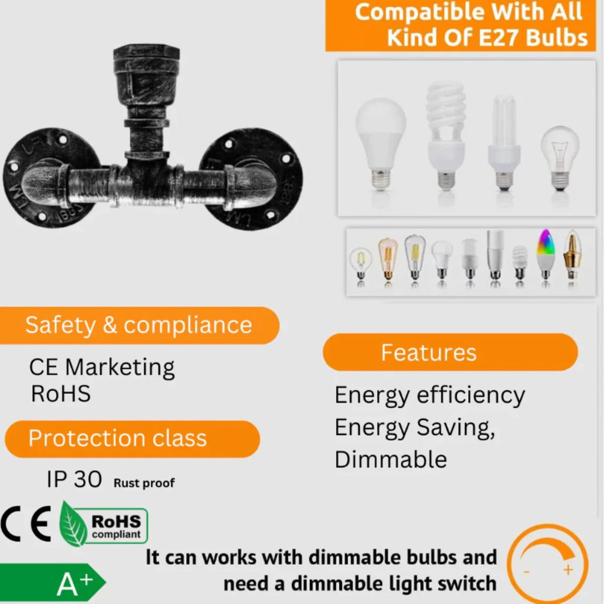 Industrial steampunk E27 wall light with black metal water pipe frame and two exposed bulb sockets mounted on wall