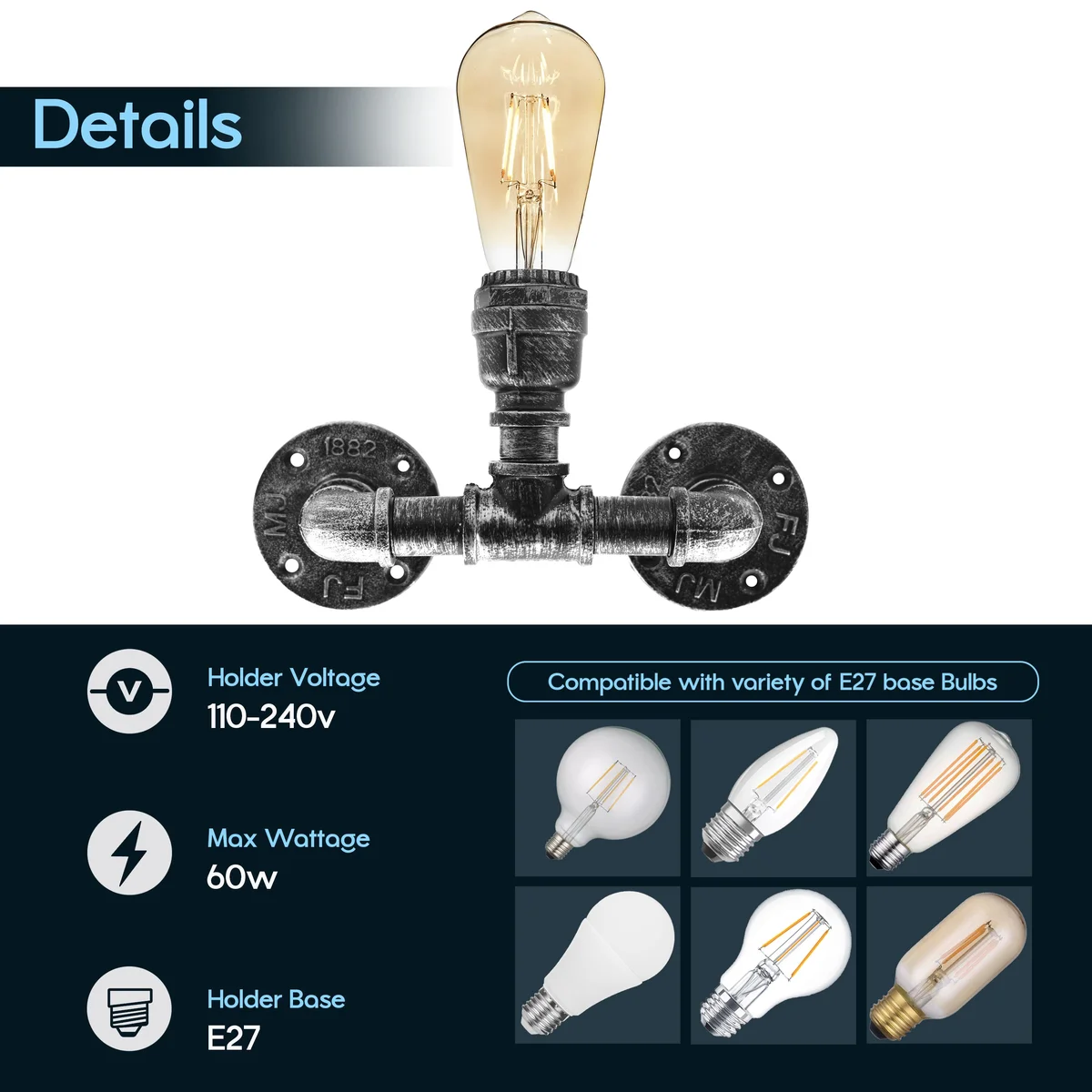 Industrial steampunk hardwired wall light with exposed metal water pipe design and two E27 bulb sockets in black finish