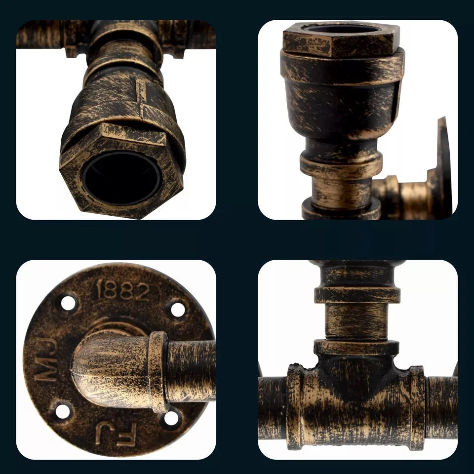 Industrial wall light with black metal water pipe design and two E27 bulb sockets, vintage steampunk style mounted on wall