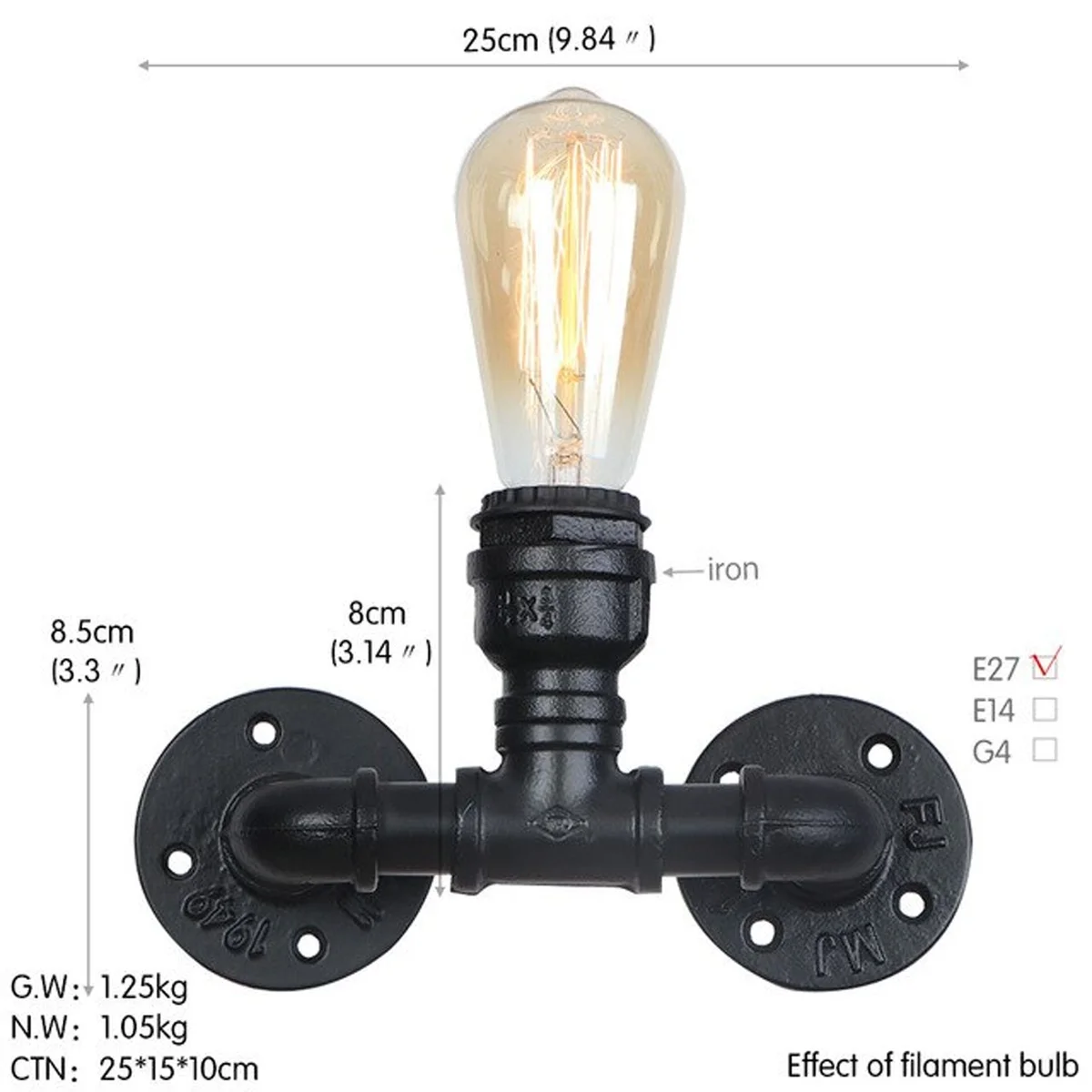 Industrial wall light with black metal water pipe design and two E27 bulb sockets, vintage steampunk style, wall mounted