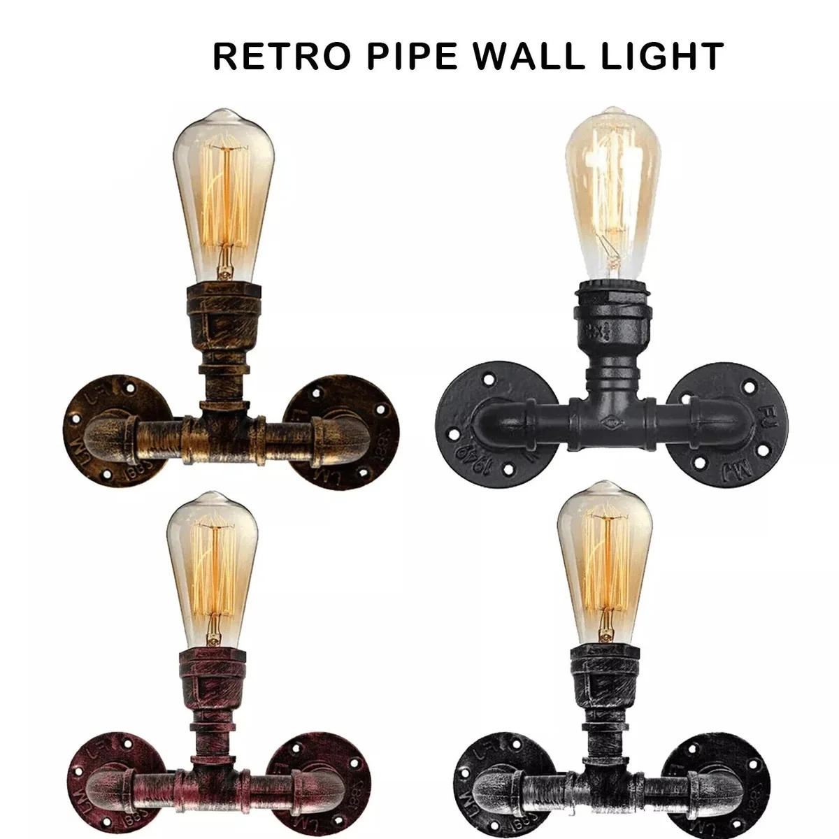 Industrial wall light with black metal water pipe design, two E27 bulbs, vintage steampunk style, wall mounted fixture