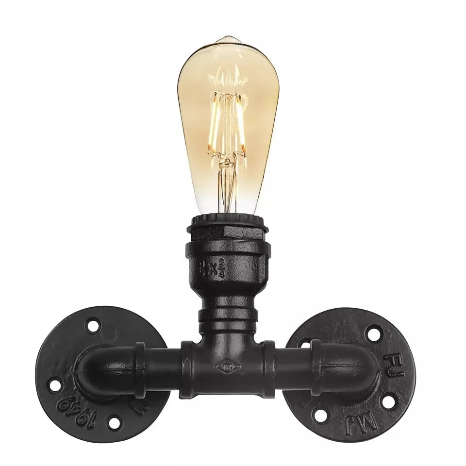 Industrial wall light with black metal water pipe design, two E27 bulb sockets, vintage steampunk style, wall mounted.