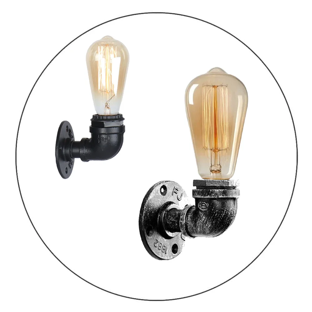 Rust-colored vintage industrial pipe light wall sconce with exposed bulb and metal pipe design in steampunk style