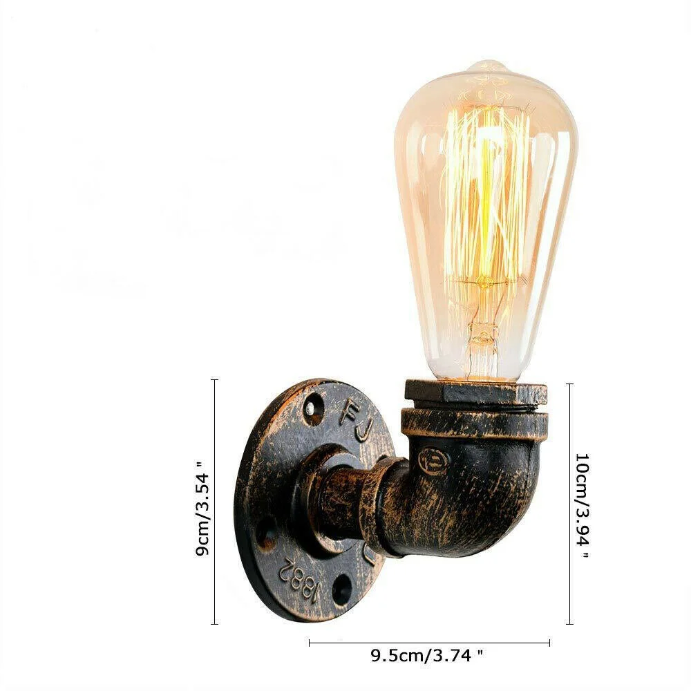 Rust-colored vintage industrial retro wall light made from metal water pipes with exposed bulb and E27 base mounted on wall