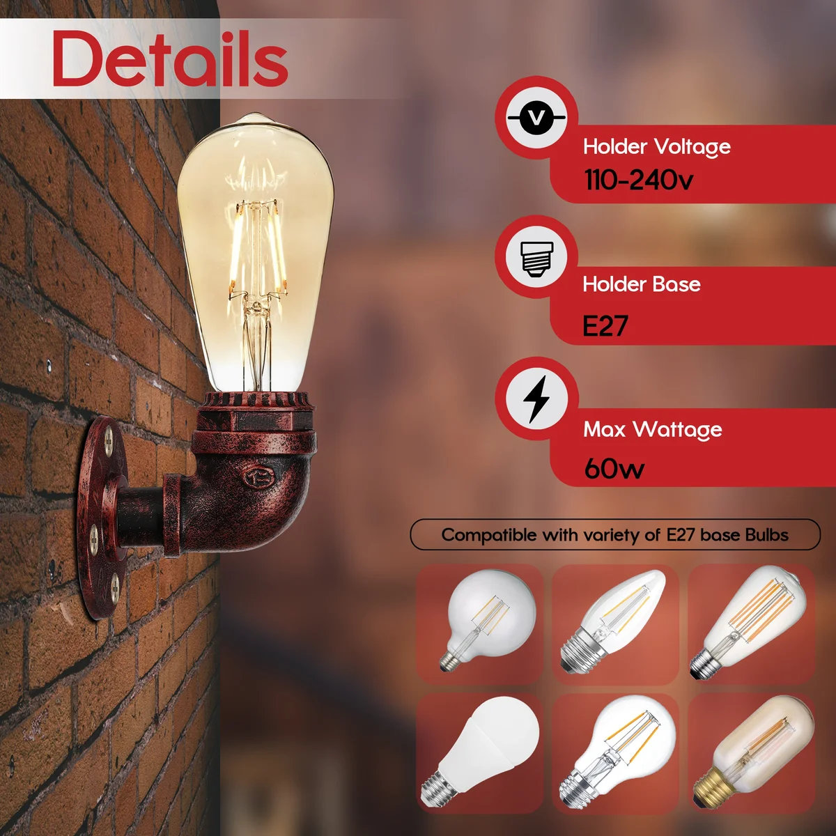 Vintage industrial rust metal water pipe wall sconce with E27 bulb wall light, warm downlight, steampunk style