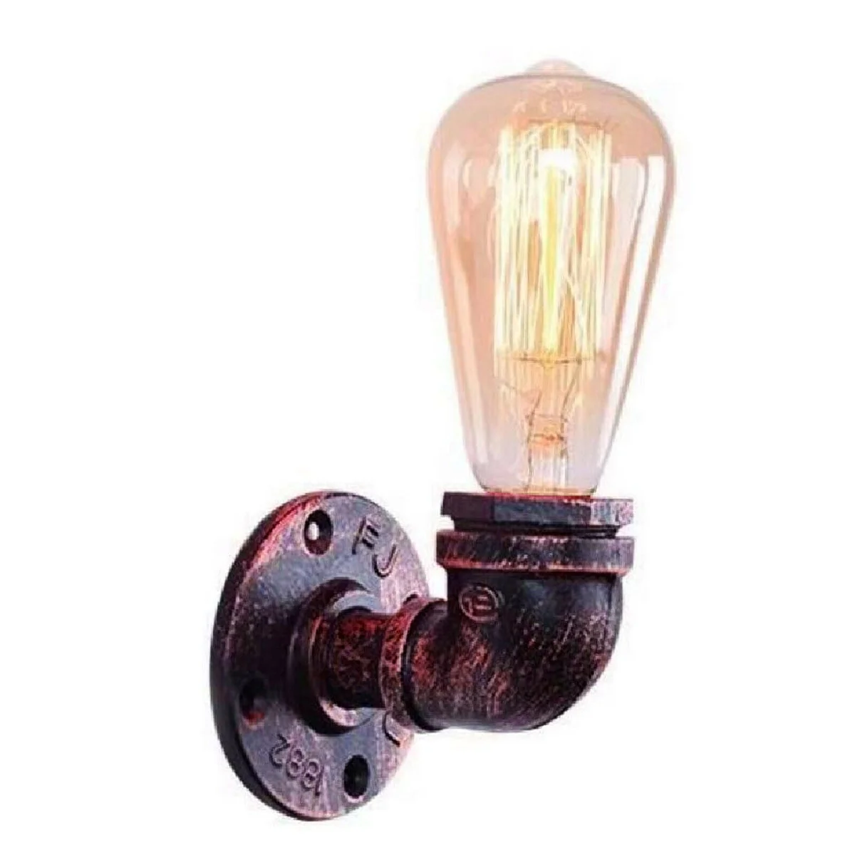 Vintage industrial wall lamp made from rust-colored metal water pipes with E27 bulb, mounted on a white wall