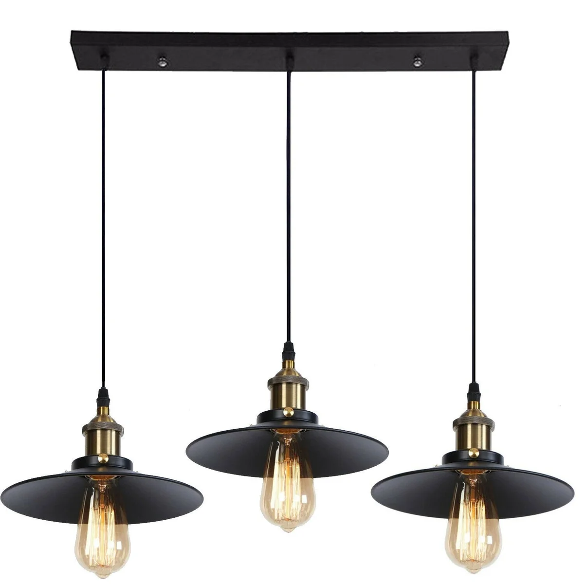 Modern black 3 light ceiling pendant with metal lampshades and adjustable cords, suitable for dining or study rooms