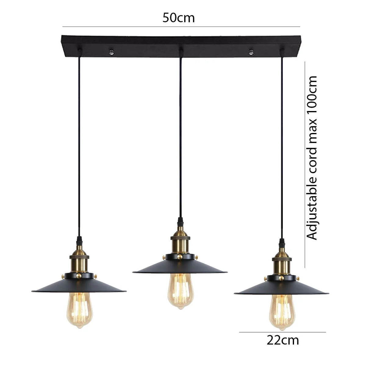 Three black metal pendant lights with vintage-style shades hanging from adjustable cords against a white background