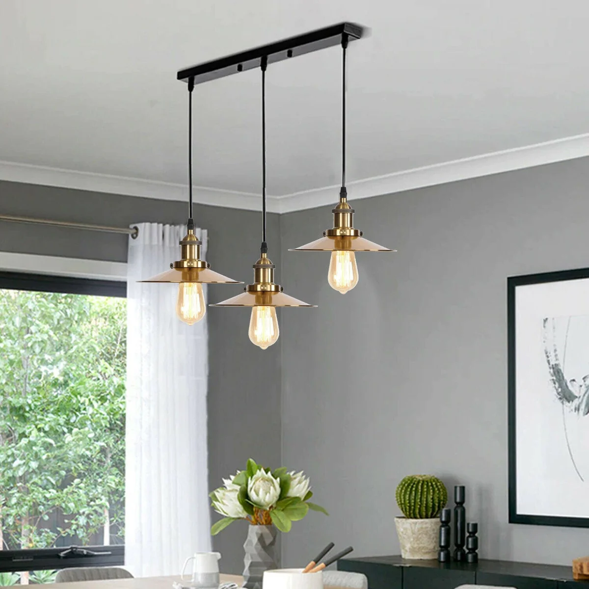 3-way modern ceiling pendant light with black and yellow brass metal shades, adjustable flex cables, and E27 sockets