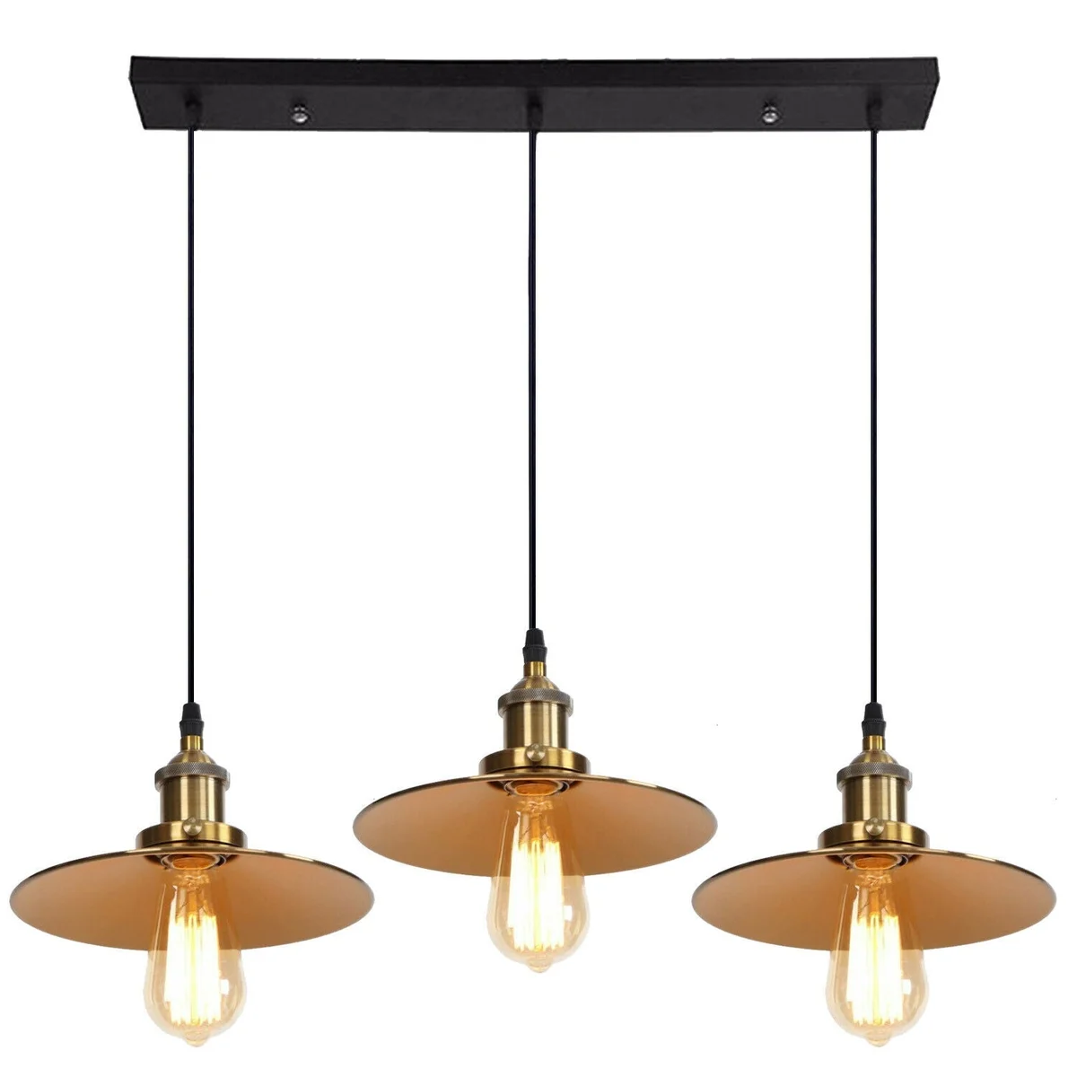 Three black and yellow brass industrial pendant lampshades hanging from adjustable cords in a modern ceiling cluster light fitting