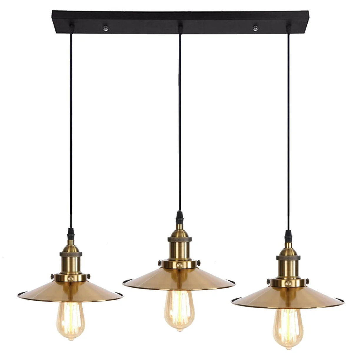 3 way ceiling pendant with three black and yellow brass industrial lampshades hanging from adjustable cords
