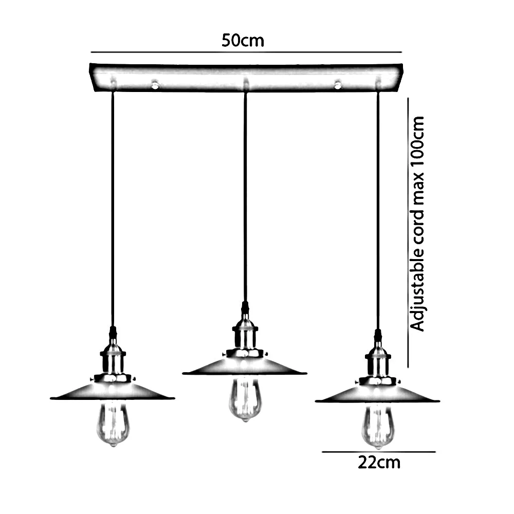 Three yellow brass adjustable pendant light shades with black metal fittings hanging from ceiling rose in modern cluster design