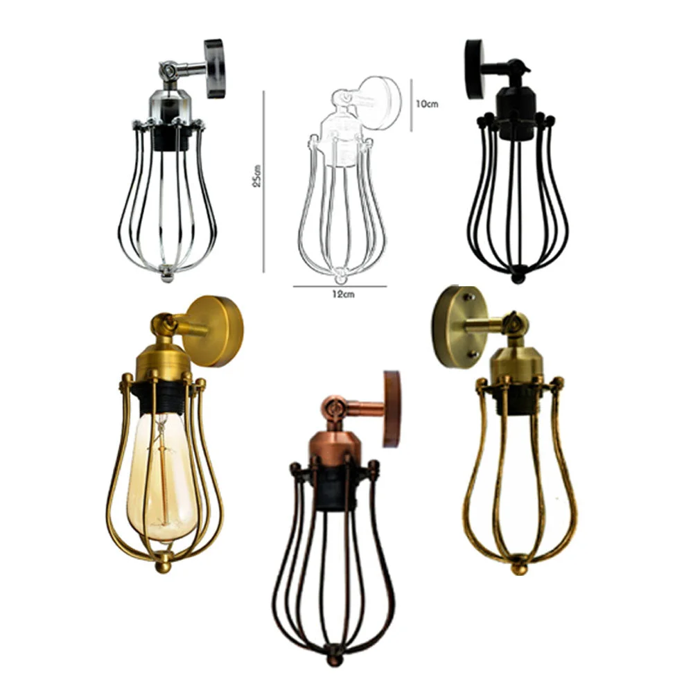 Industrial retro cage shade wall light with adjustable metal arm and vintage design mounted on indoor wall