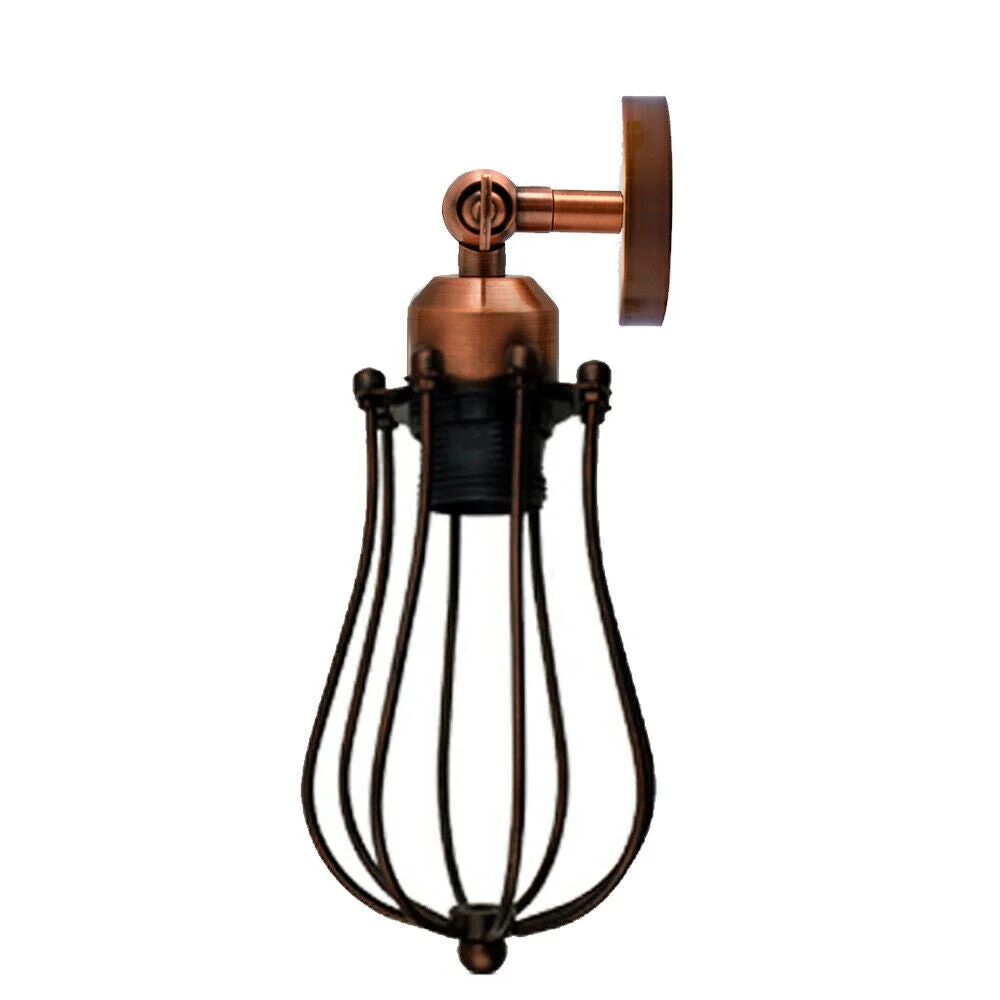 Adjustable industrial metal cage wall light with retro design mounted on a white wall, showing cage width and height details