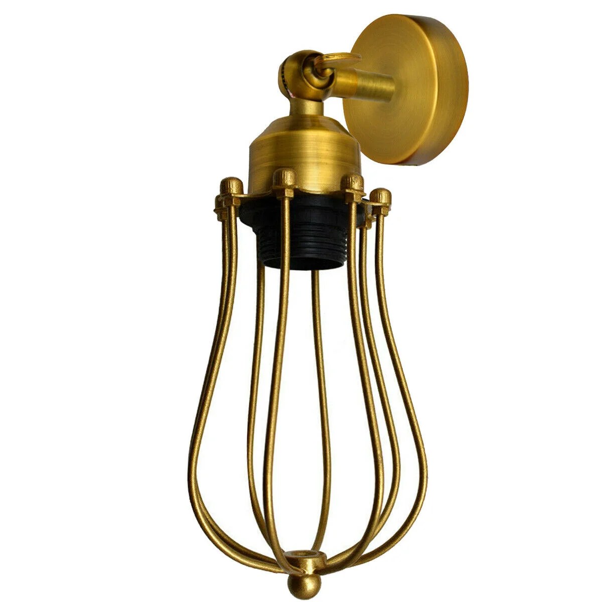 Industrial wall lights with metal cage shade and adjustable arm mounted on a wall in a retro style setting