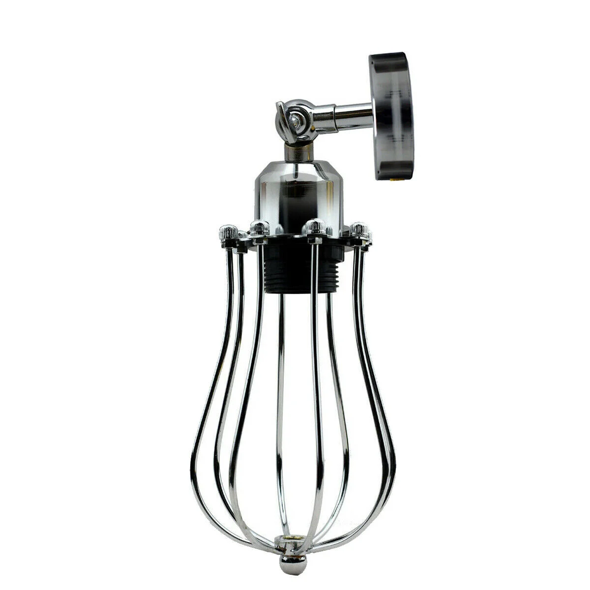 Industrial wall lights with metal cage shade and adjustable arm mounted on white wall in retro style setting