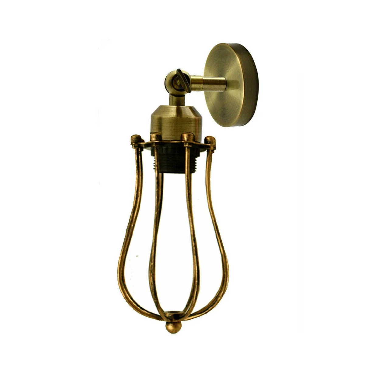 Industrial wall lights with metal cage shade and adjustable arm mounted on a wall, retro style, dimmable option visible