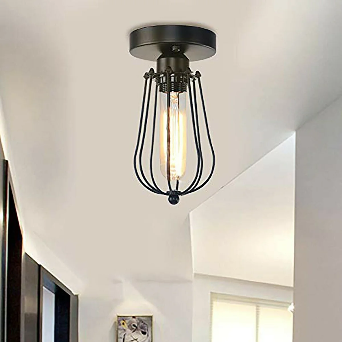 Black vintage hallway ceiling light with metal cage and flush mount, compatible with E27 bulbs for warm lighting