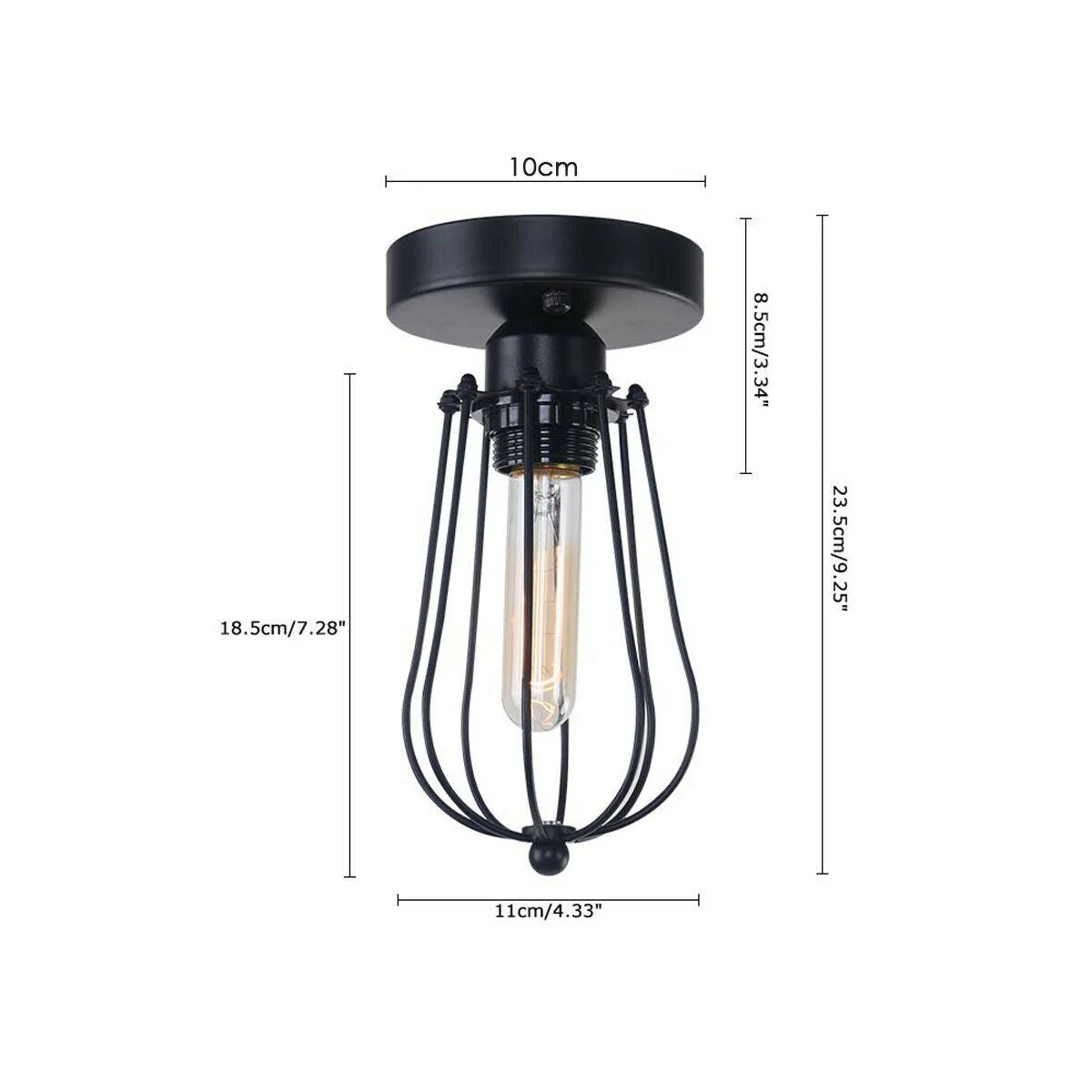 Black flush mounted light with metal cage and E27 lamp base, designed for hallway ceiling installation