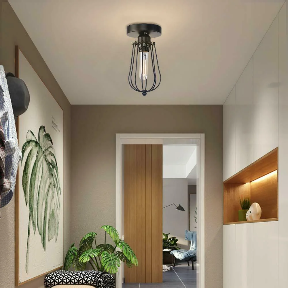 Black metal ceiling lamp with flush mount design, E27 bulb holder, and decorative light cage for hallway lighting