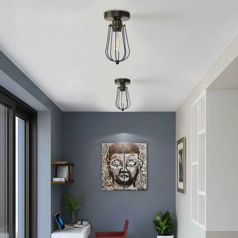 Black vintage E27 ceiling light with metal cage and flush mount, ideal for hallways and creating warm ambiance