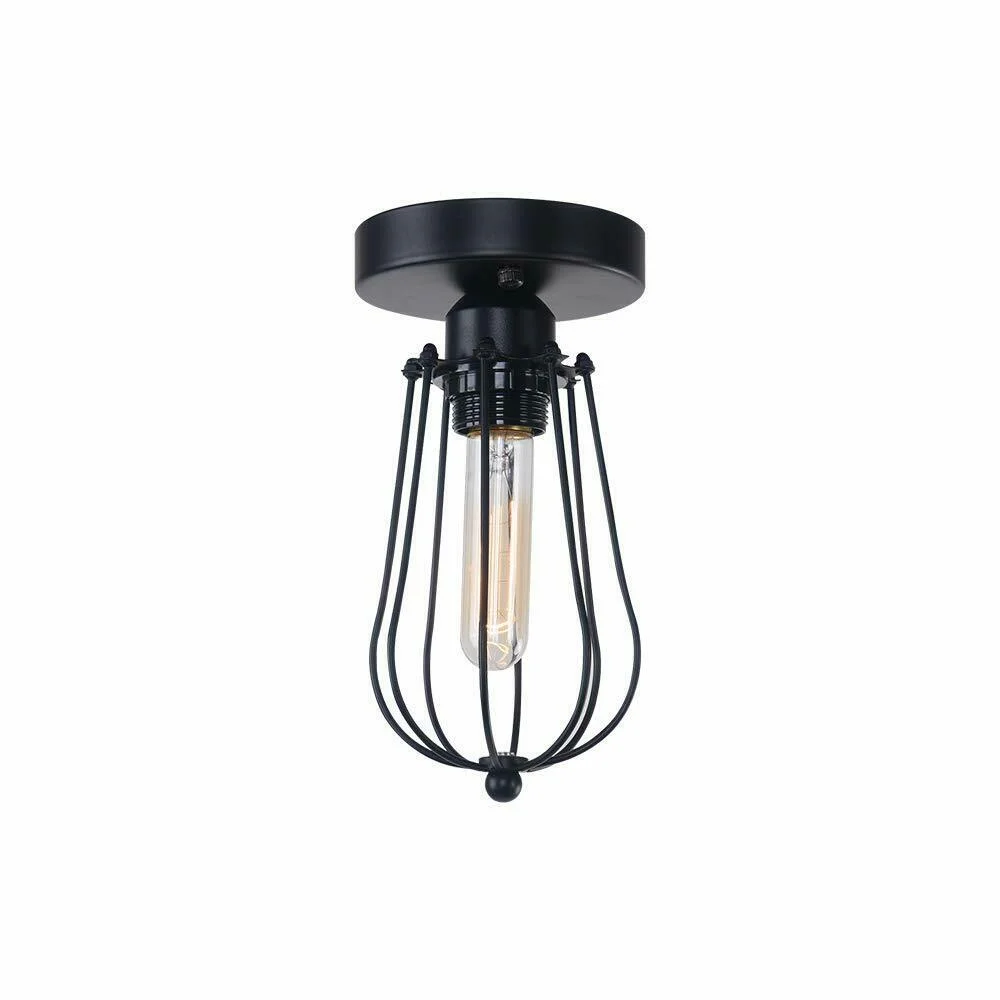 Black vintage flush mounted hallway ceiling lighting with metal cage and E27 lamp base against white background