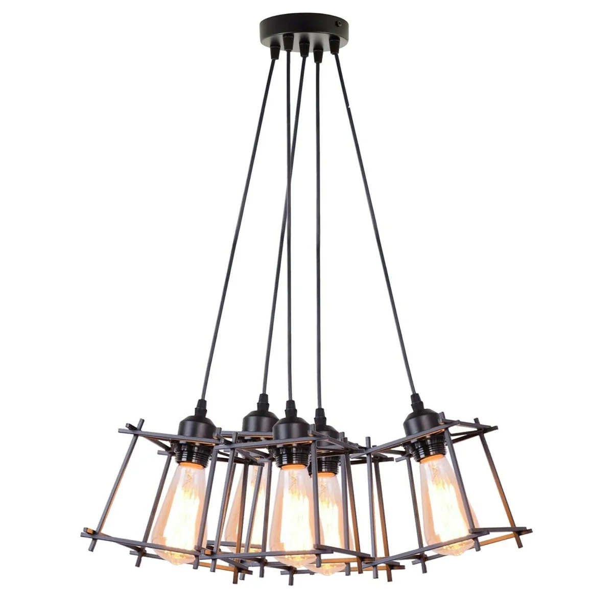 Black metal retro ceiling lamp with five cage-style holders and 100cm cables, designed for E27 bulbs