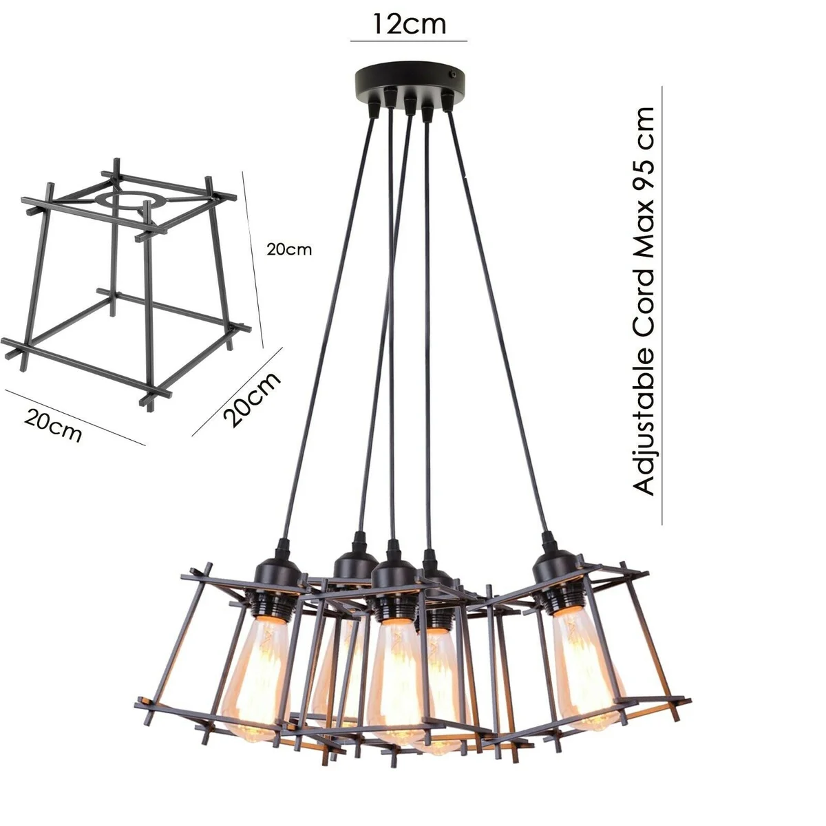 Black metal cage chandelier with five light holders and 100cm cables hanging from ceiling plate in industrial style
