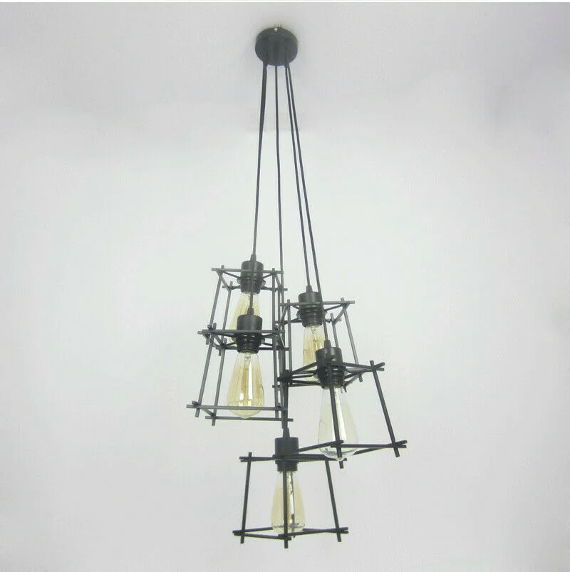 Black vintage industrial ceiling light with five E27 bulb pendant cages hanging from metal frame