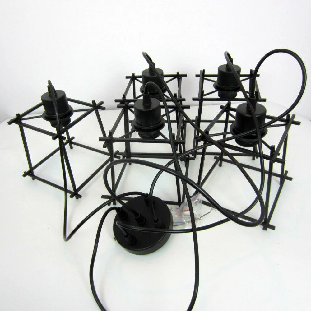 Black metal vintage industrial ceiling light with five cage shades, perfect loft style lighting for rustic interiors