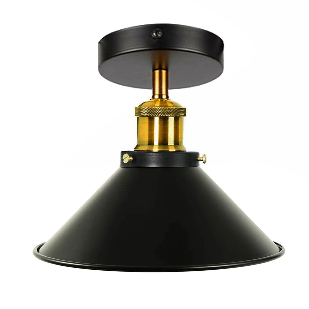 Black and gold ceiling light flush mount with metal shade, combining black and yellow brass finishes, modern design