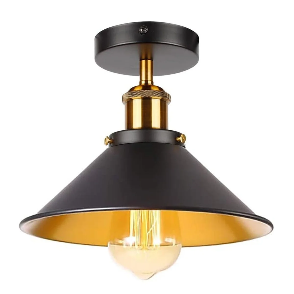 Black and gold ceiling light flush mount with metal shade and brass finish, shown installed on ceiling