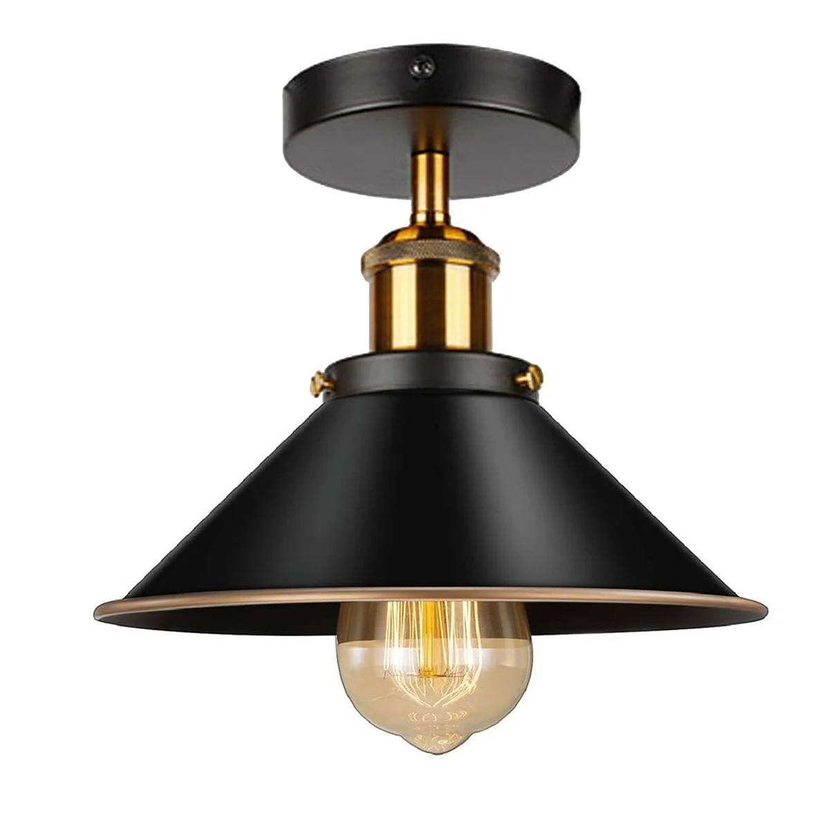 Black and gold ceiling light flush mount with metal shade and brass accents, modern elegant design for home lighting