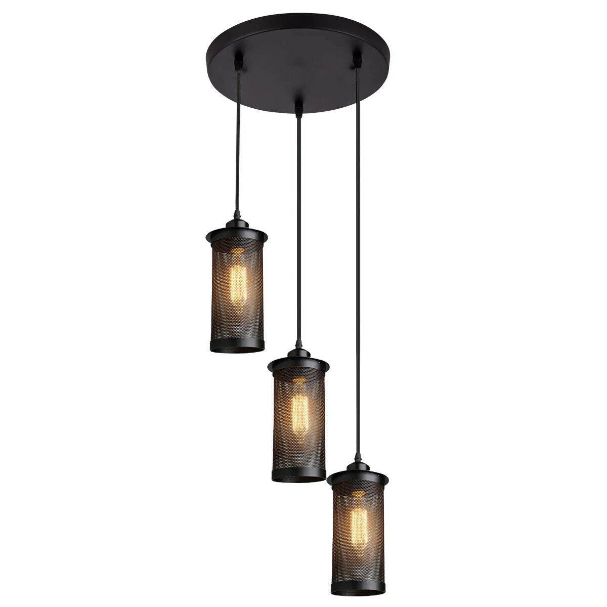 Black modern vintage industrial pendant light with three perforated metal lamp shades hanging from ceiling rose