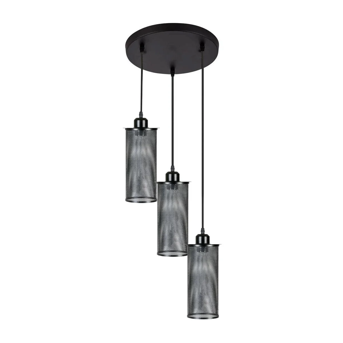 Three black perforated metal vintage pendant light shades hanging from ceiling rose with cables in industrial style