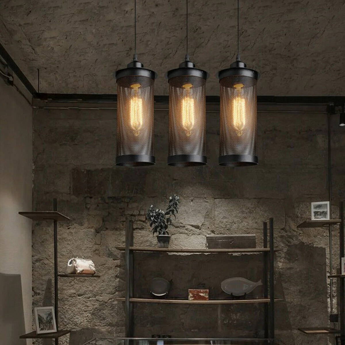 Three black hanging light cage pendants with 90cm cables and ceiling rose in industrial vintage style