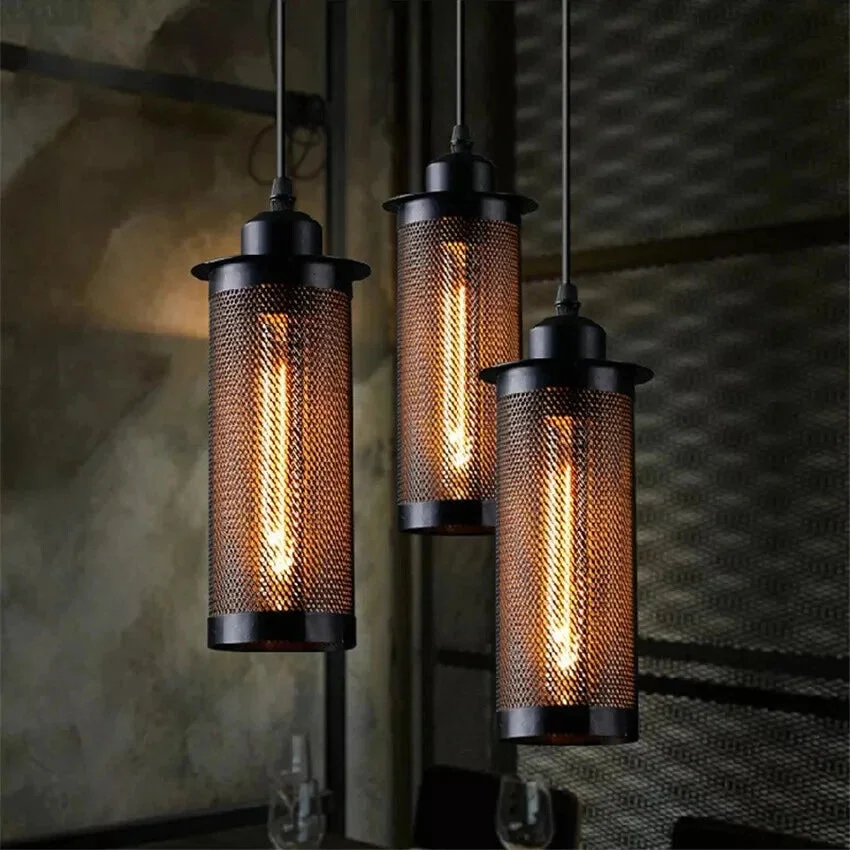 Black perforated metal industrial ceiling lamp cluster with three pendant shades and 90cm cables hanging indoors