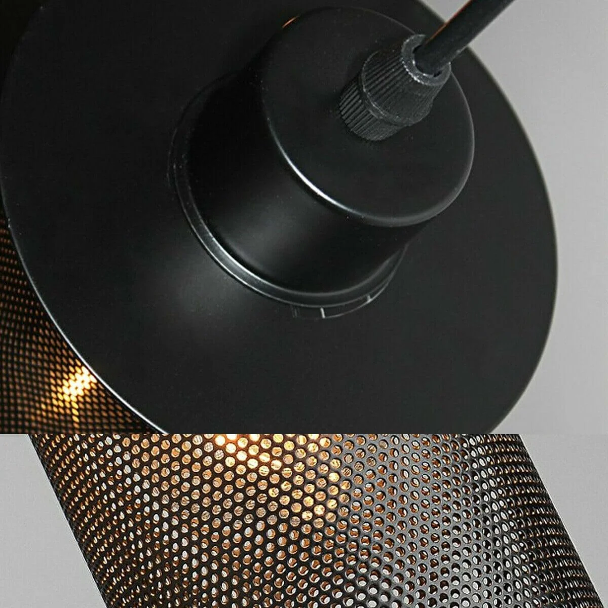 Three black perforated metal industrial pendant light shades clustered with cables and ceiling rose fitting accessories
