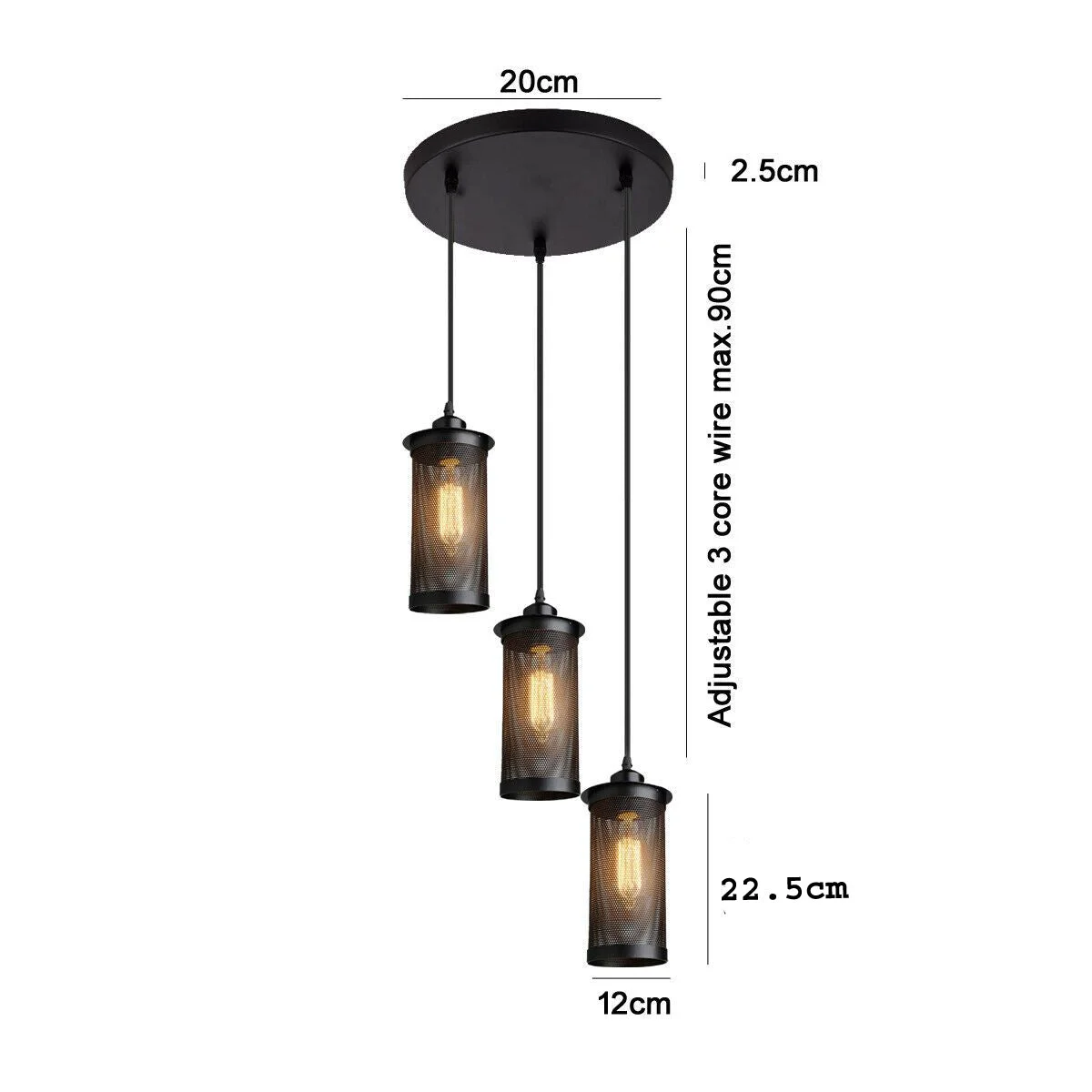 Cluster of three black perforated metal industrial pendant lights with E27 holders and ceiling rose fitting accessories