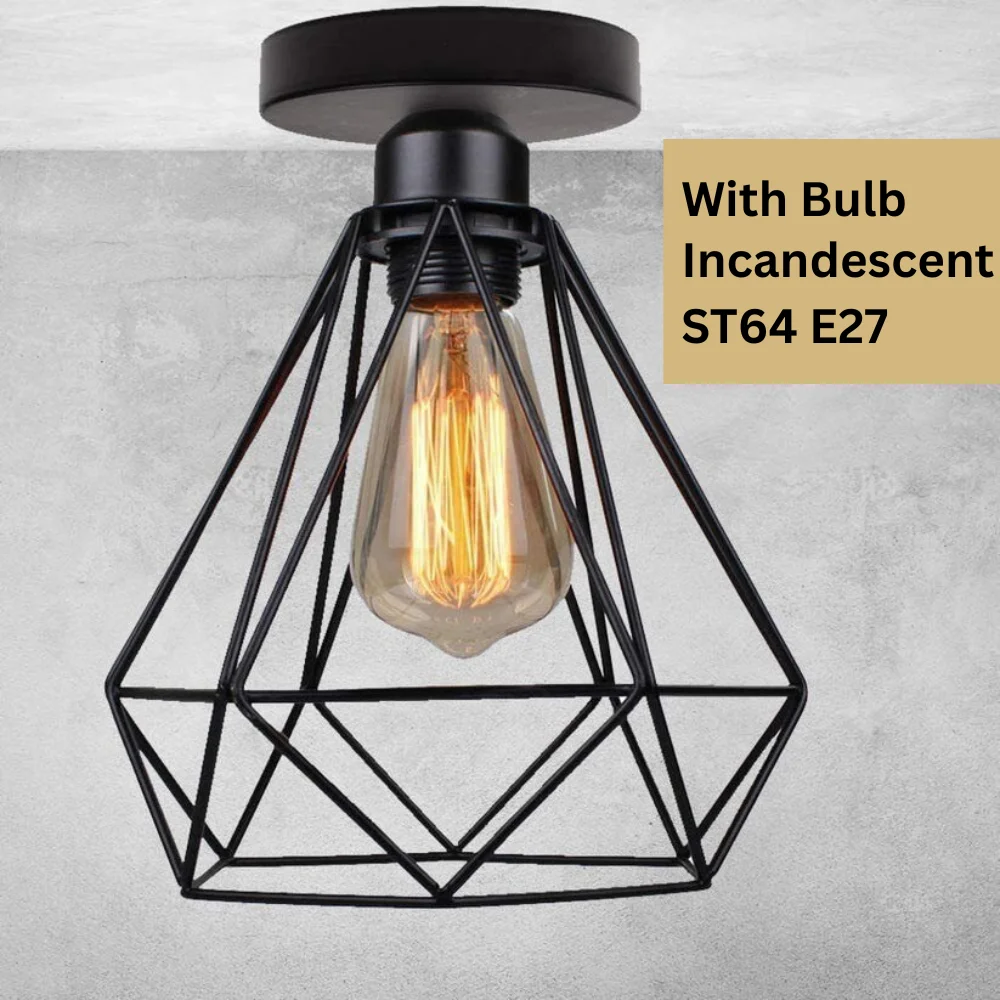 Black vintage ceiling pendant light with Edison bulb and metal cage, ideal for industrial-style decor