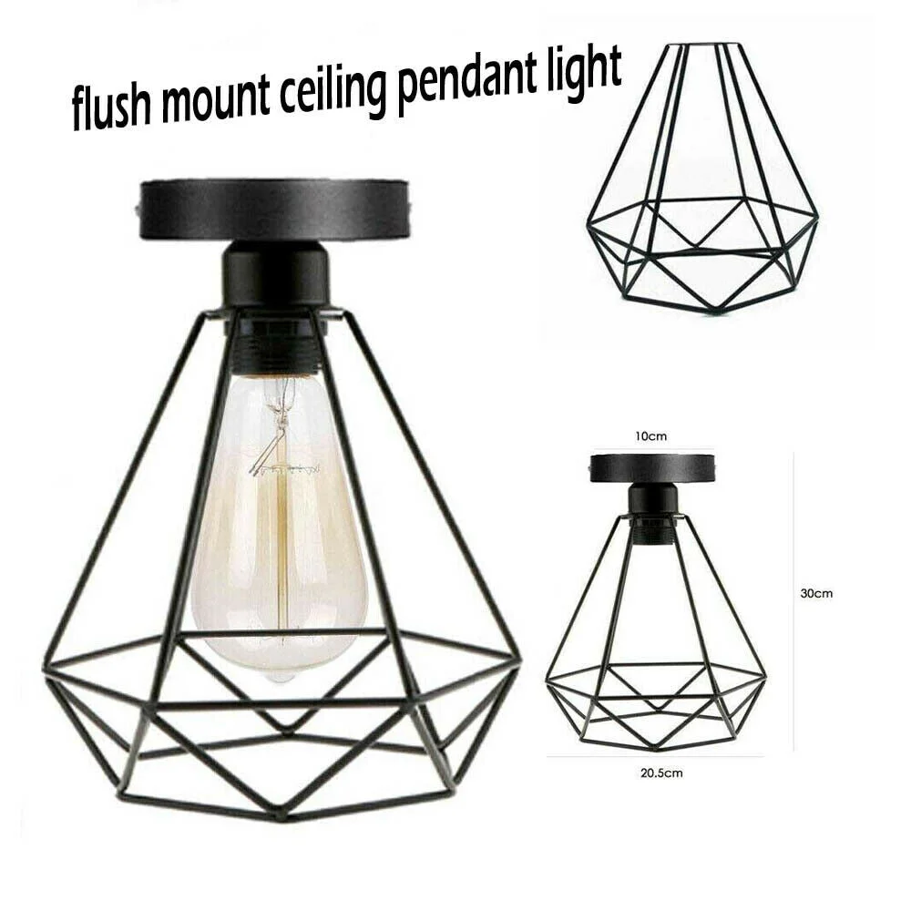 Black vintage industrial flush mount pendant light with metal cage and exposed E27 bulb hanging from ceiling