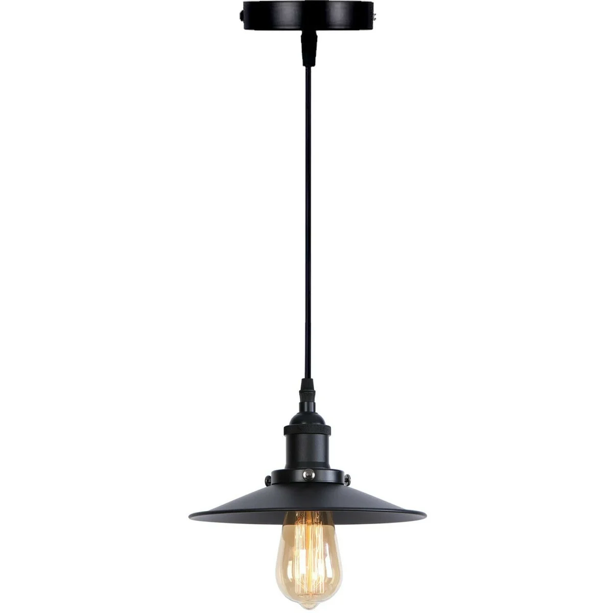 Vintage iron warehouse pendant light with matte black finish, brushed brass holder, and adjustable suspension light cable