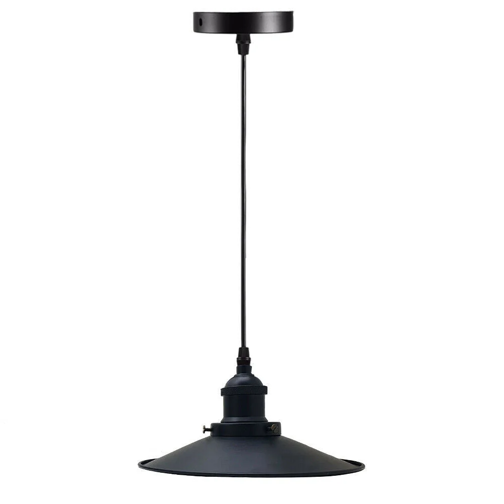 Vintage iron pendant with matte black finish and brass holder, shown as a dimmable ceiling light in industrial style