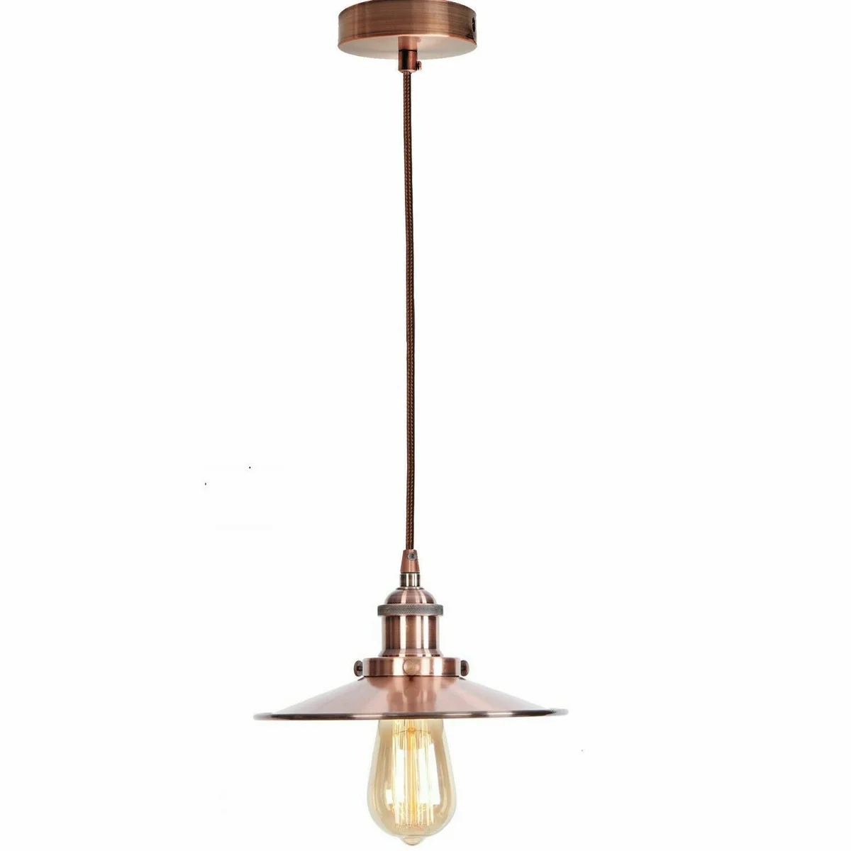 Vintage pendant light with matte black iron shade, brushed brass holder, and adjustable 90cm cable hanging against white background