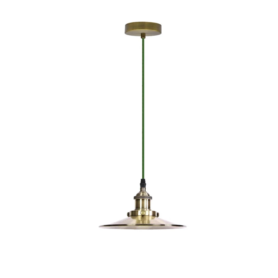 Vintage pendant light with matte black iron shade and brushed brass E27 lamp holder, hanging from adjustable cable